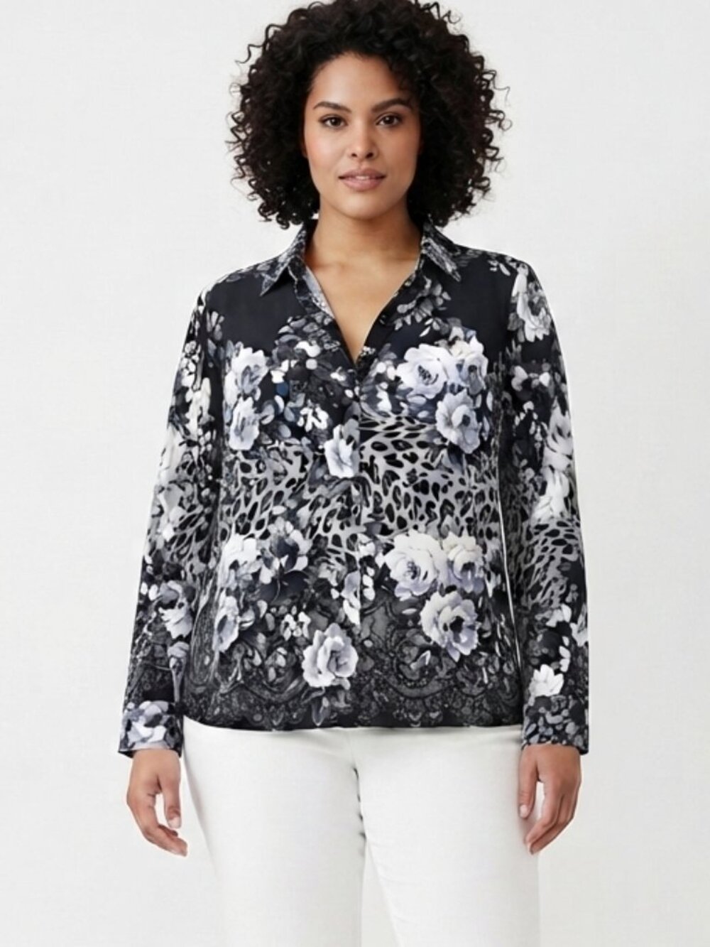 Susan Graver Women’s Floral Animal Print Button-Down Shirt Black White Size 3X